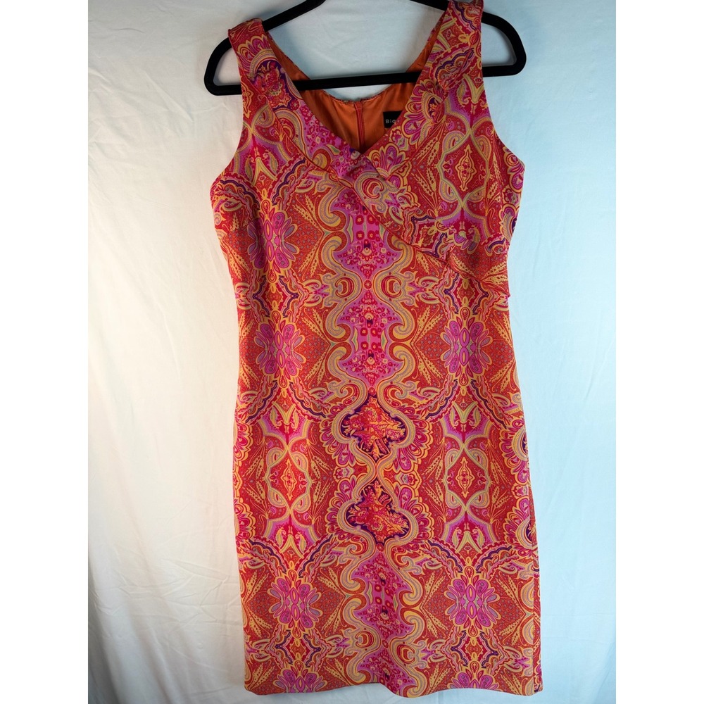 Vibrant Bianca Nygard Orange Pink‎ Paisley Medallion V-Neck Sheath Dress Sz 8